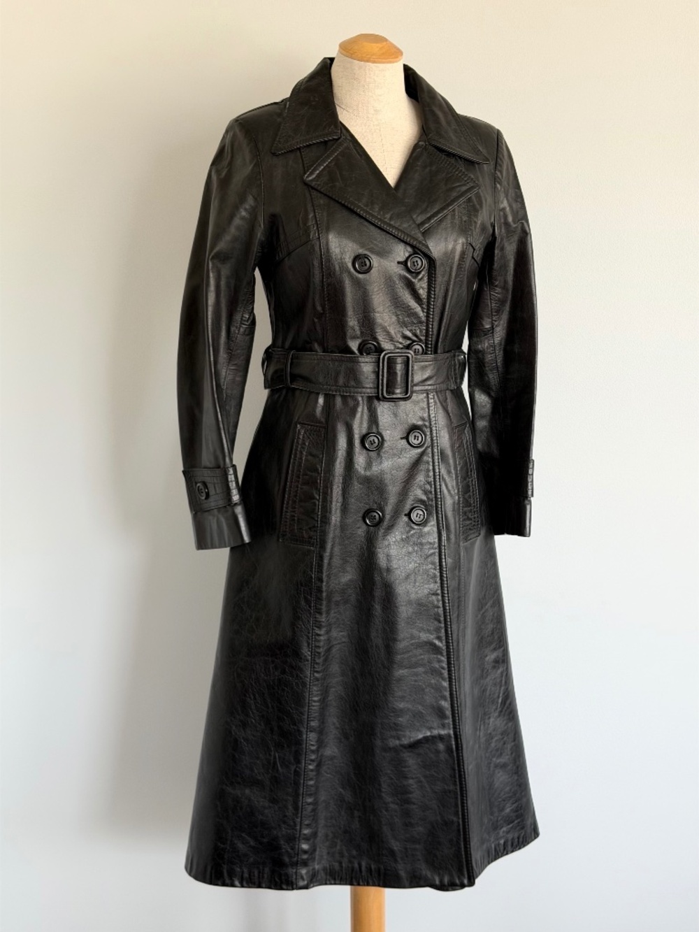 1970s Black Leather Trench Coat, Size S